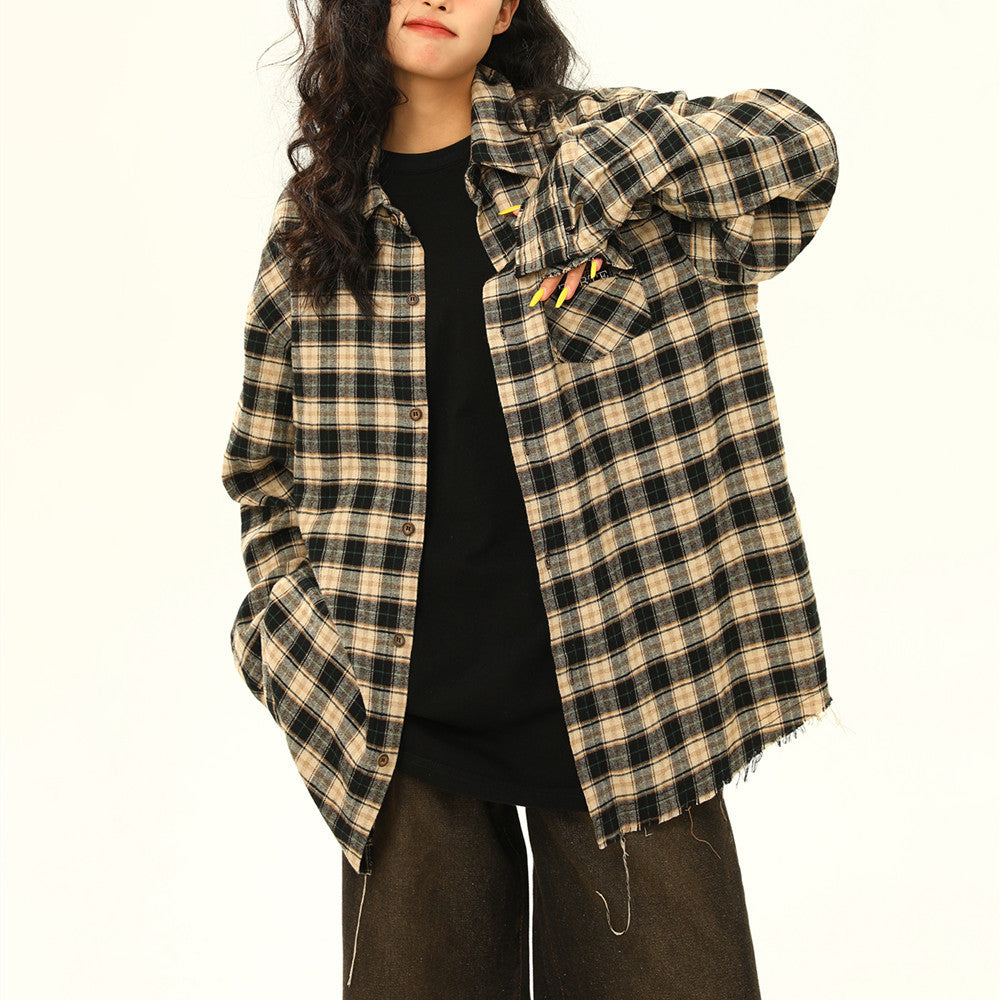 Womens Retro Maillard Loose All-Match Plaid Blouse