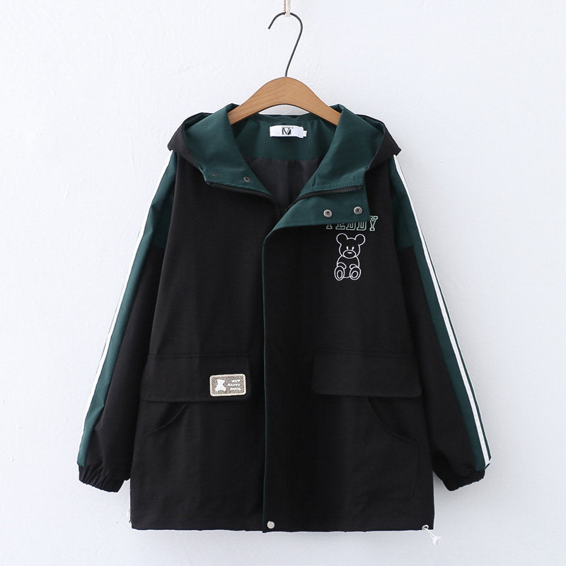 Cartoon Bear Embroidery Hooded Coat For Women