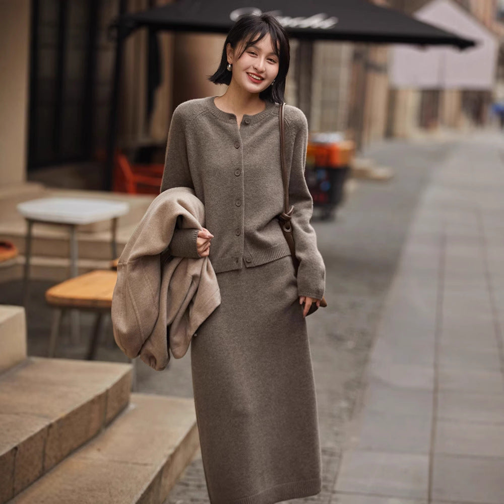 High-grade Temperament Crew Neck Wool Knit Cardigan Suit Skirt Women's Loose Two-piece Suit Sweater Cardigan Skirt