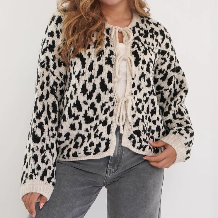 Round Neck Tied Leopard Print Knitted Cardigan Sweater