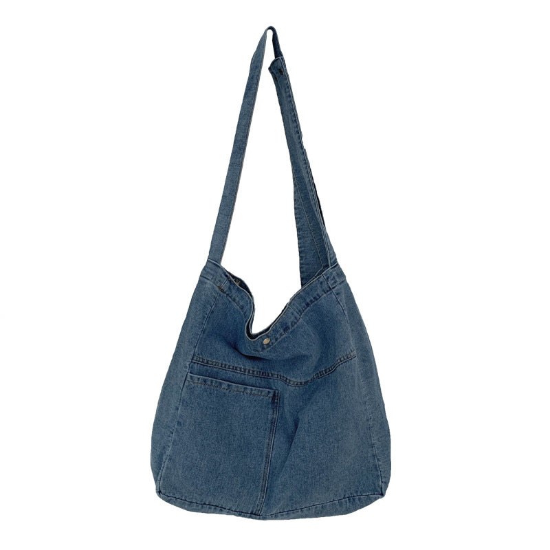 Vasket Denim Crossbodytaske med Stor Kapacitet