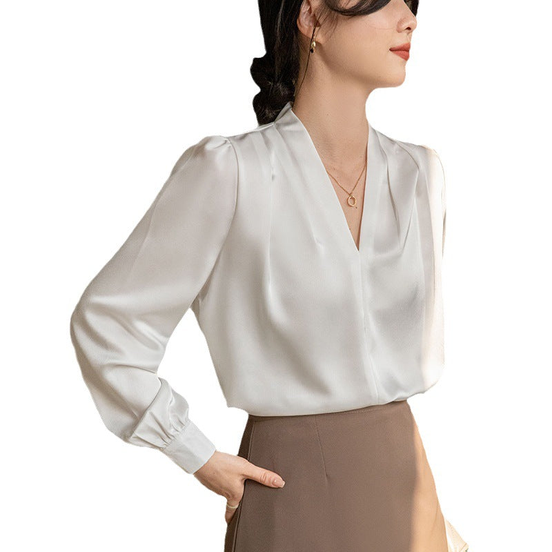 V-hals Skjorte Dame Design Acetat Satin Enkel Elegant Top