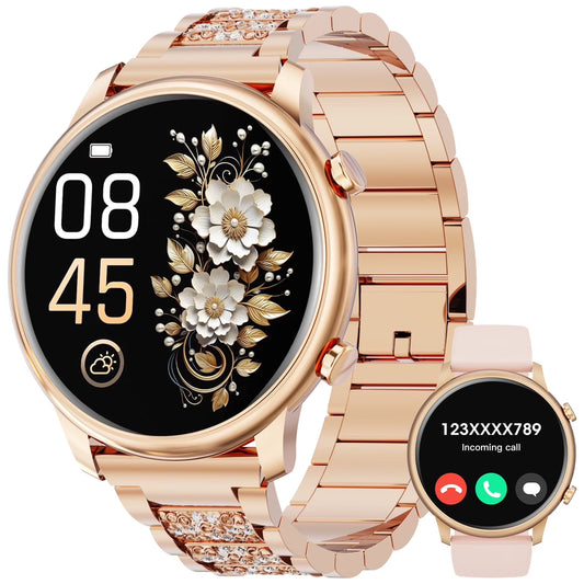 Smart Watch(Answer/Make Call), Smartwatch Fits for Android and Iphone, 1.39" HD Fitness Watch with 100 Sports Modes, Waterproof, Activity Smart Watches for Women, Two Straps, Gold
