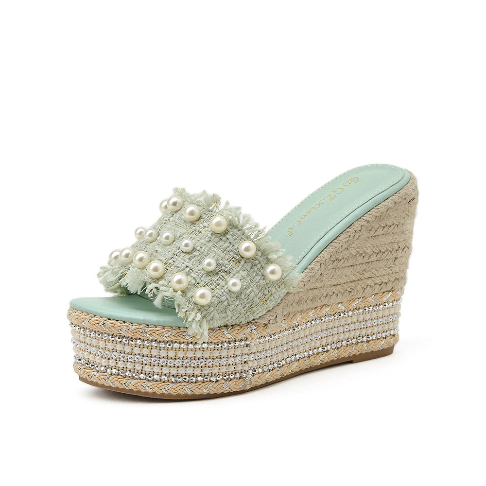 Hemp Rope Rhinestone Sponge Cake One-line Slippers For Women