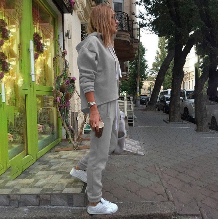 Solid Color Women's Hooded Irregular Sweatshirt Suit Two-piece Set