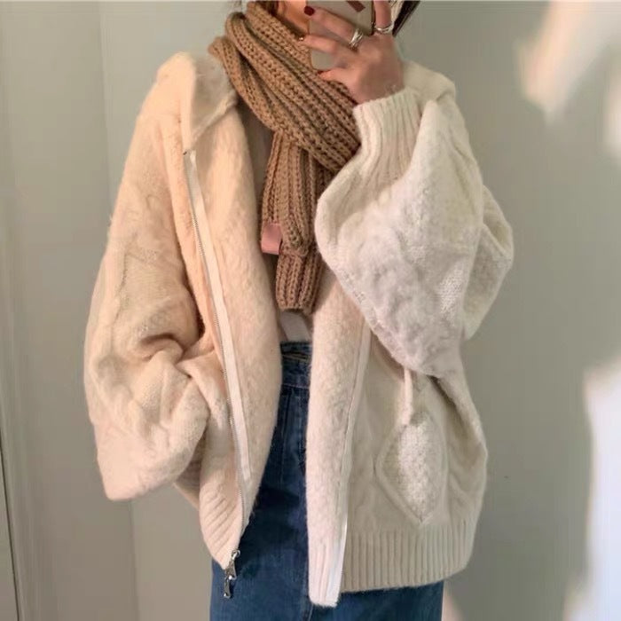 Hooded Knit Cardigan Coat Women's Spring And Autumn Twist Zipper