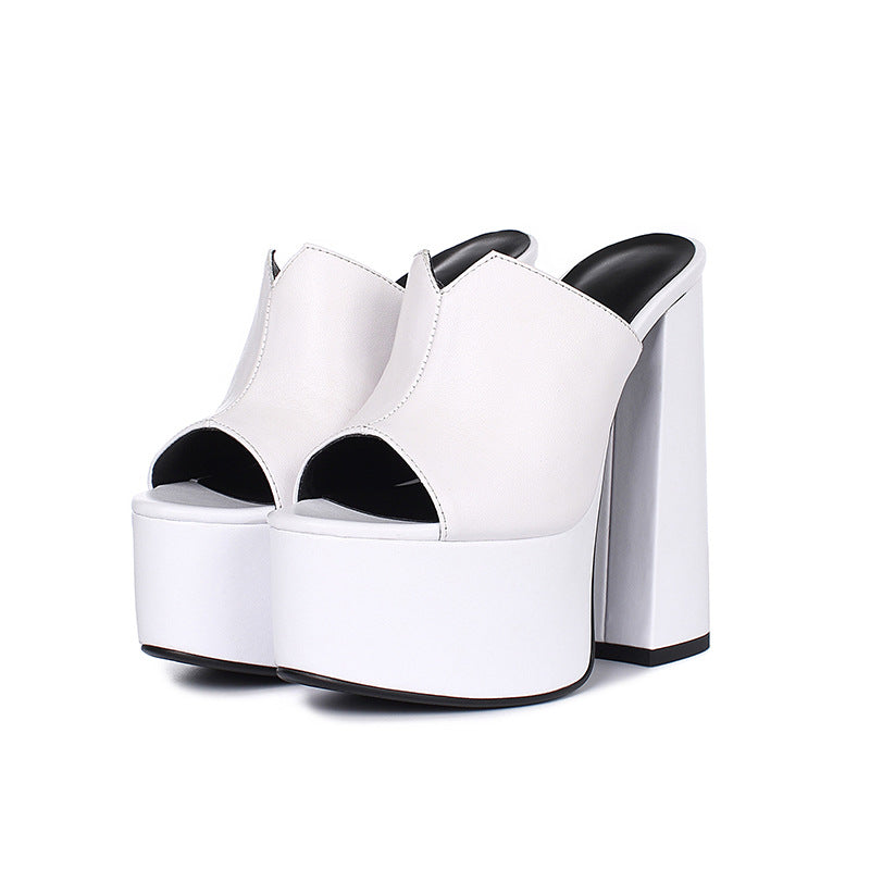 Waterproof Platform Leather Super High Heel Sandals Full Grain Soft First Layer Cowhide