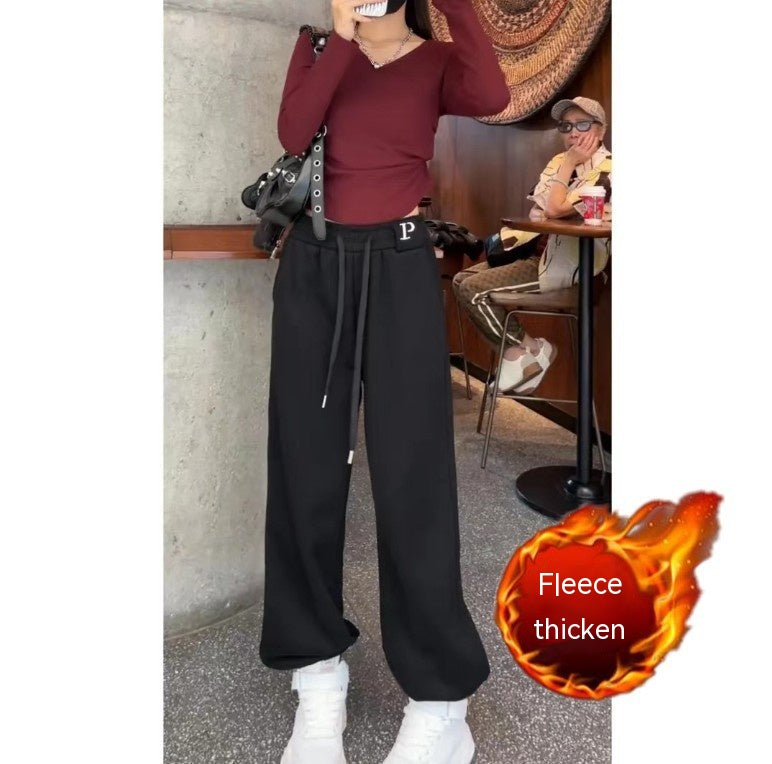 New Letter Embroidery Candy Color Fleece-lined Thick Track Pants