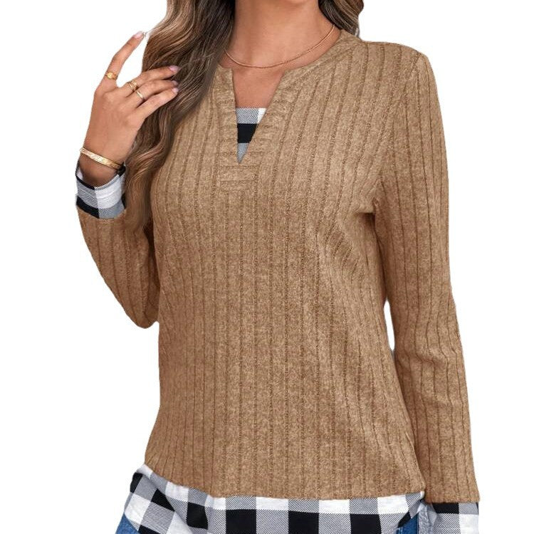 Women's V-neck Plaid Stitching Long-sleeved Thread Knitted Top