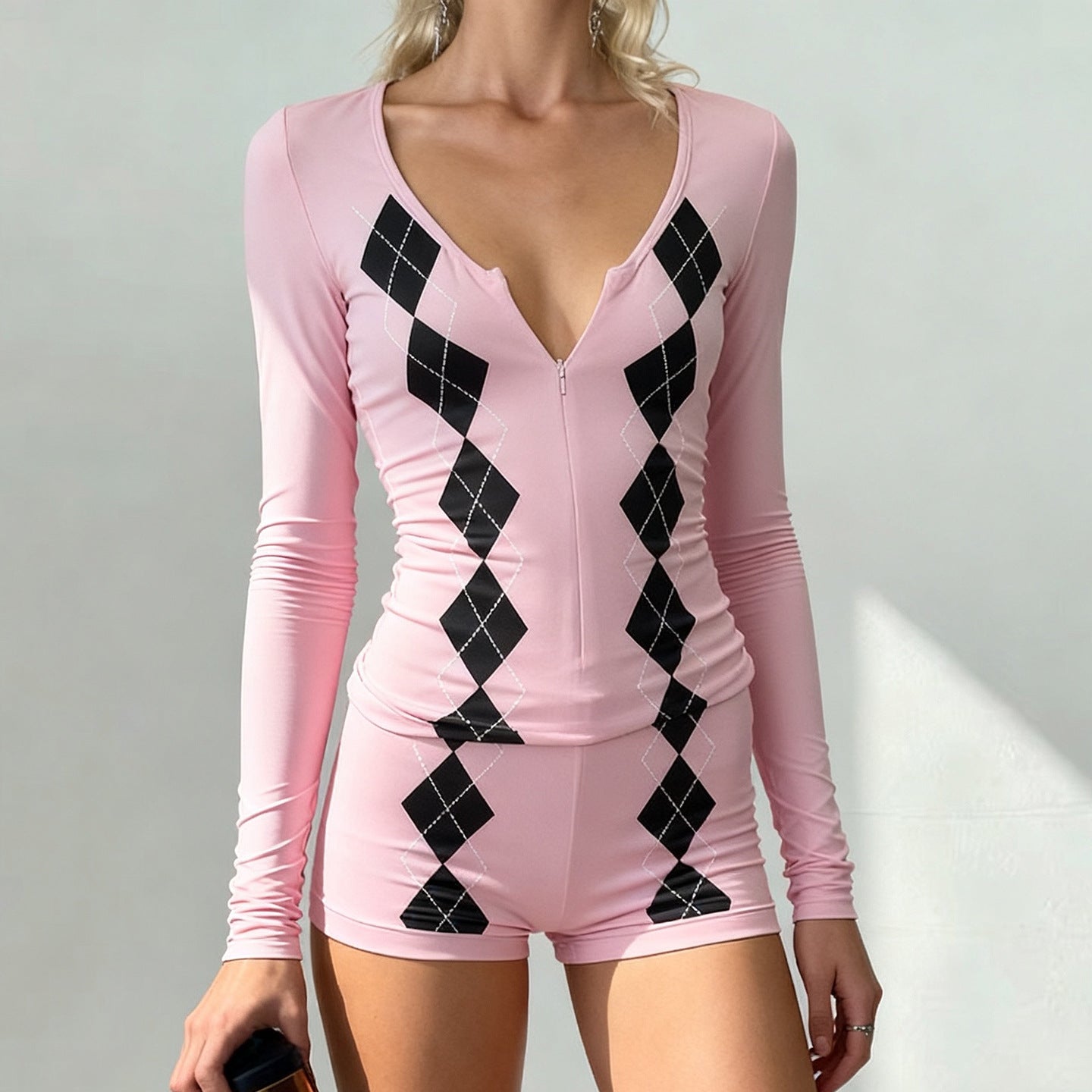 Women's Two-piece Set Long-sleeve Top And Slim-fit Boxer Shorts