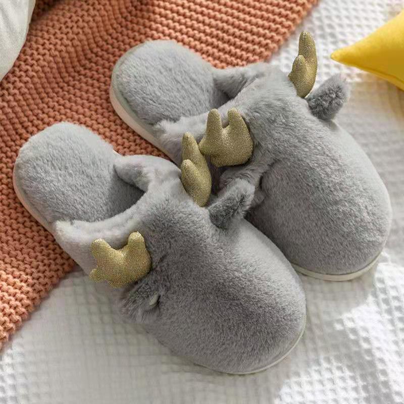 Women's Small Antler-shaped Rabbit Plush Slippers