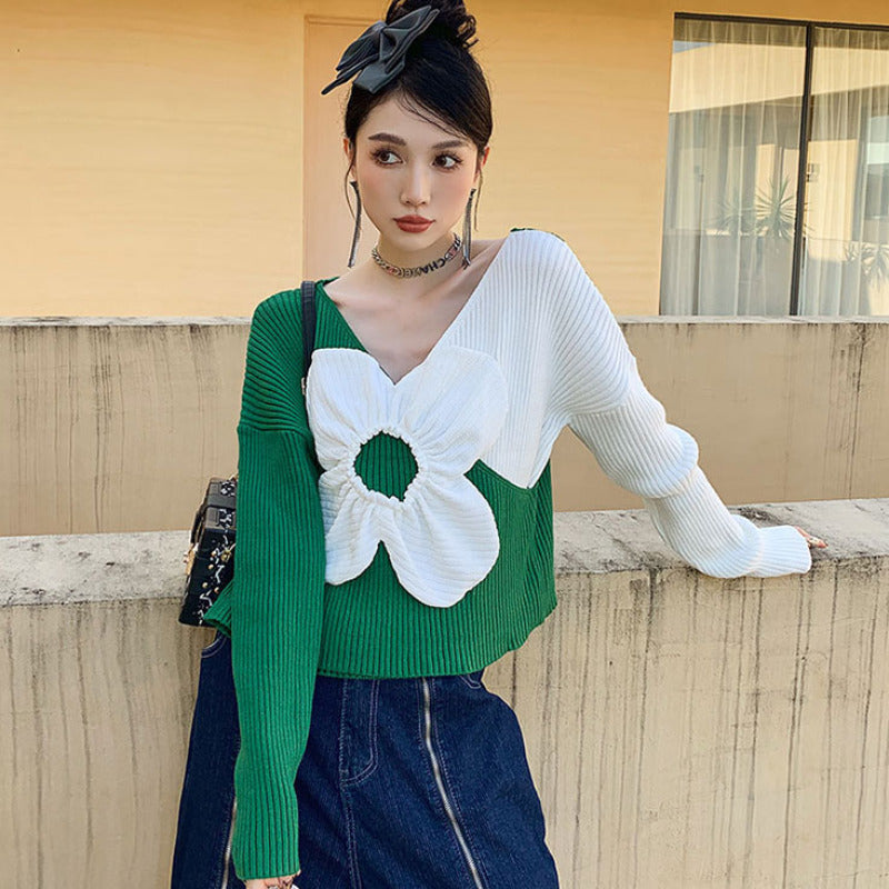 V-collar Contrast Color Stitching Applique Design Knitted Sweater
