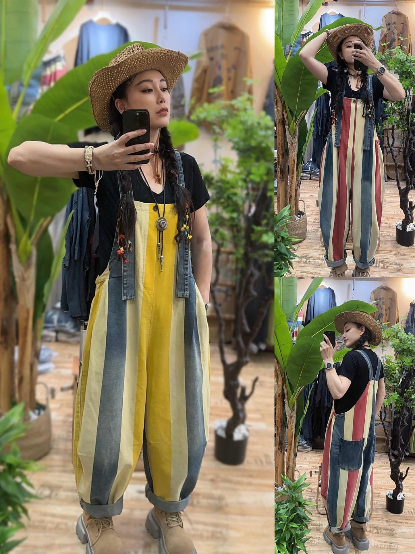 Vintage Stribede Seleshorts Kvinder Løs Bomuldsdenim Jumpsuit