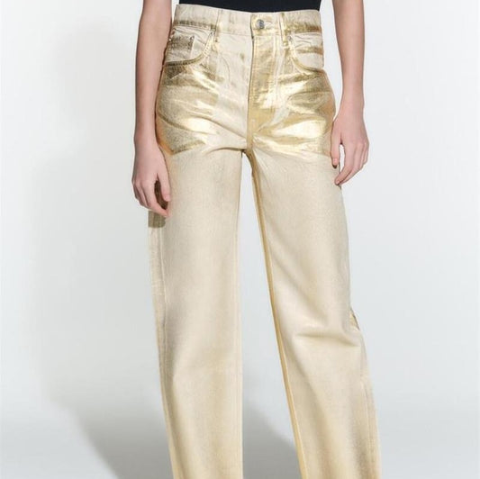 Summer New European And American Personal Casual Style Golden Bright Straight Casual Draping Pants