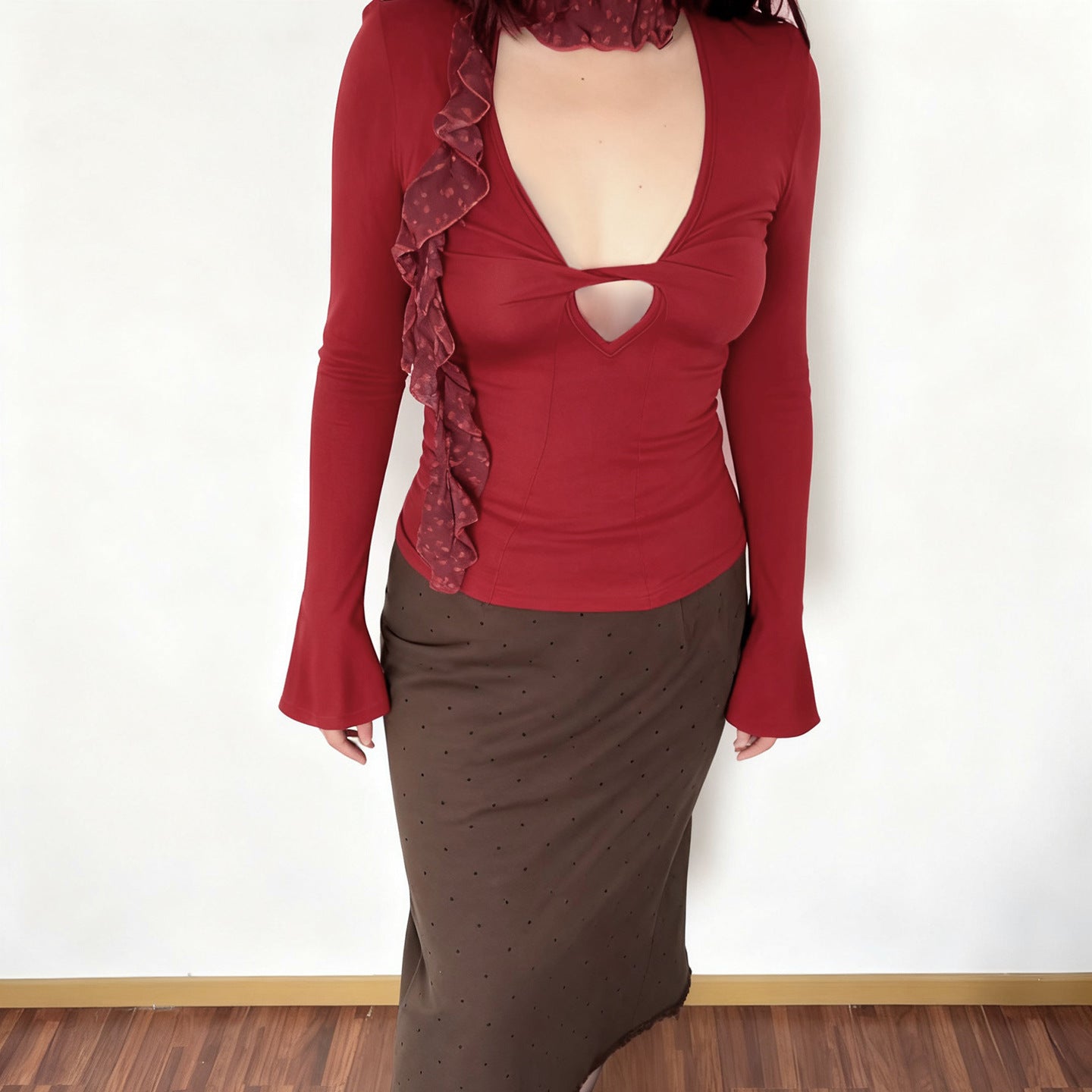 Deep V Long Sleeve Solid Color Sexy Slim-Fit Underwear Top