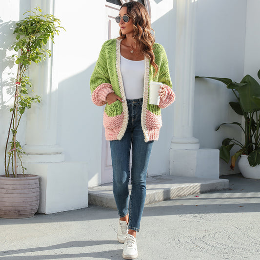 Thick Sweater Idle Style Contrast Color Knitted Cardigan For Women
