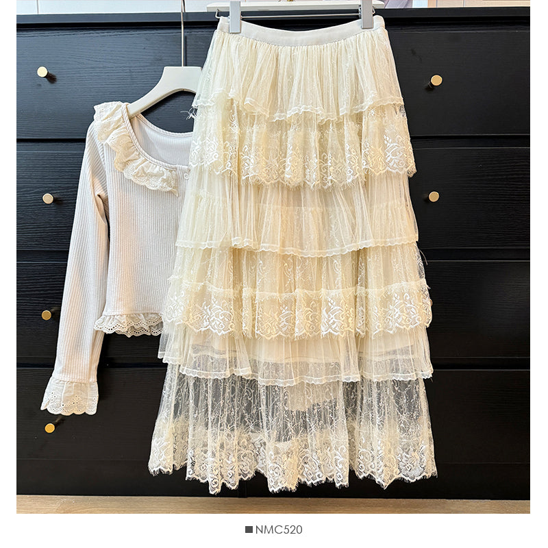 Lace Stitching Net Yarn Cake Skirt High Waist Mid-length A- Line Skirt
