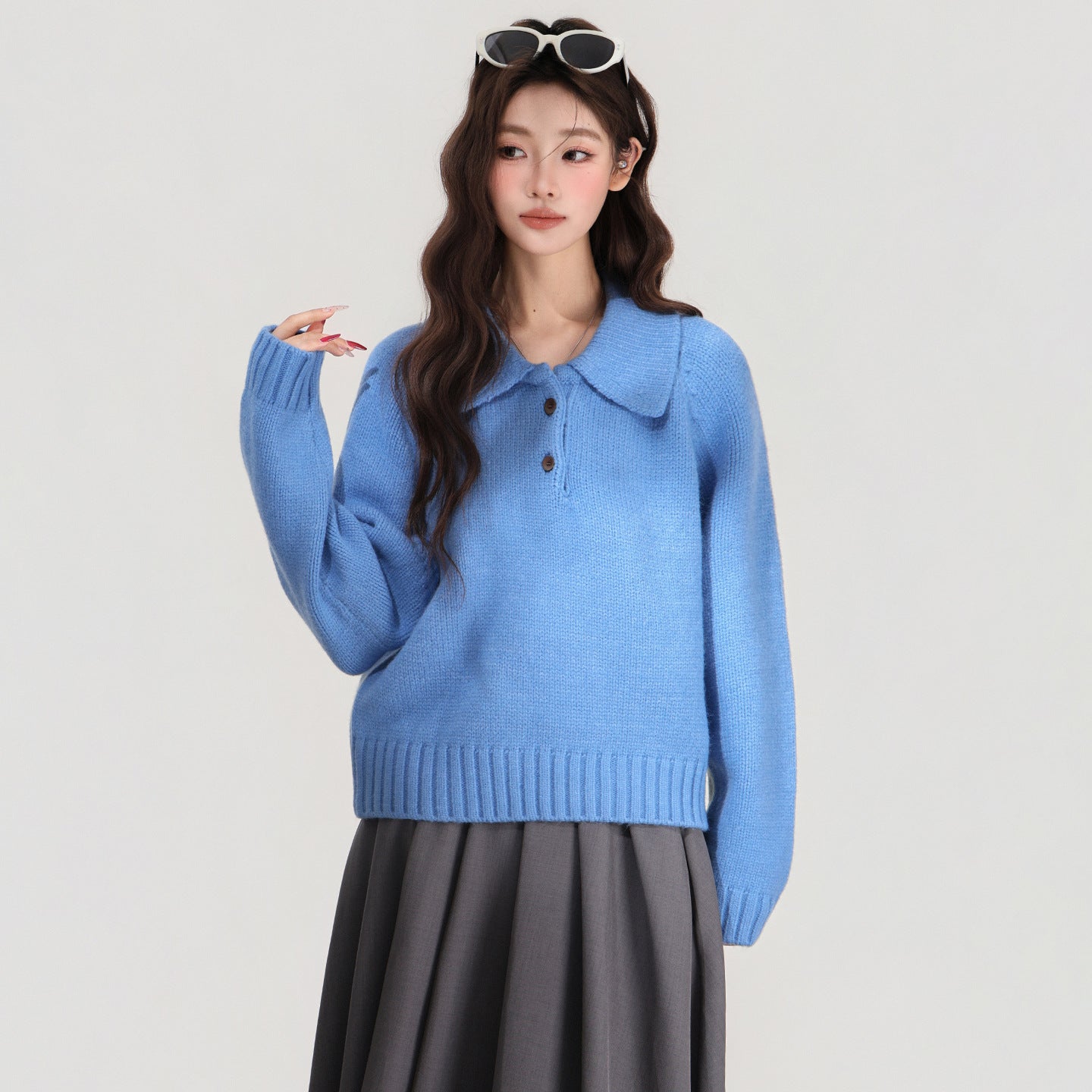 Blue Lapel Knitted Sweater Women's Top