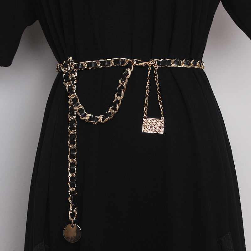Metal Leather Braided Chain Mini Pendant Waist