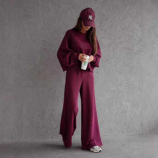 Autumn And Winter Round Neck Long Sleeve Wide Leg Pants Two-piece Set