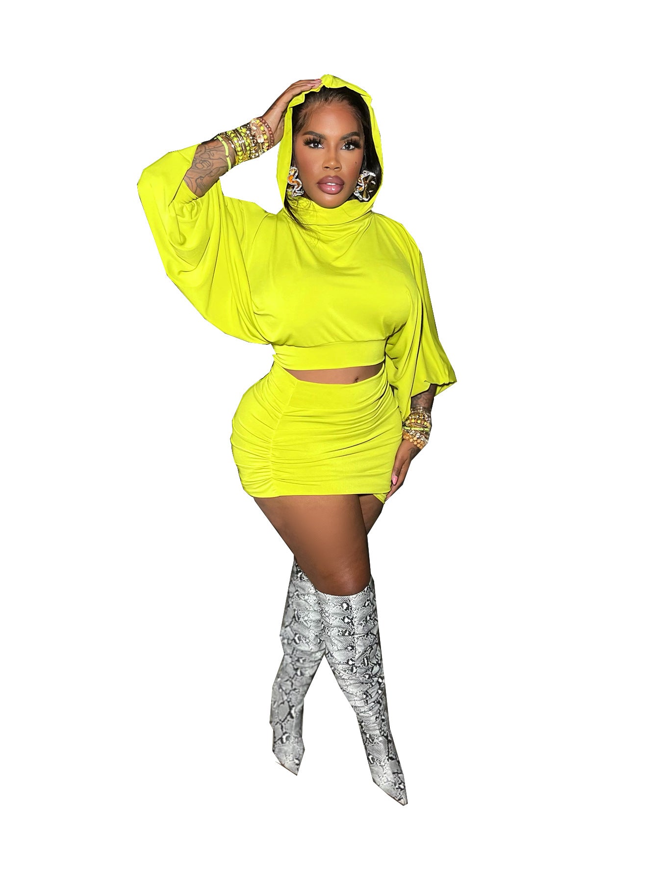 Hooded Bubble Sleeve Crop Top With Waist-cinching Pleated Wrap Skirt Two-piece Set