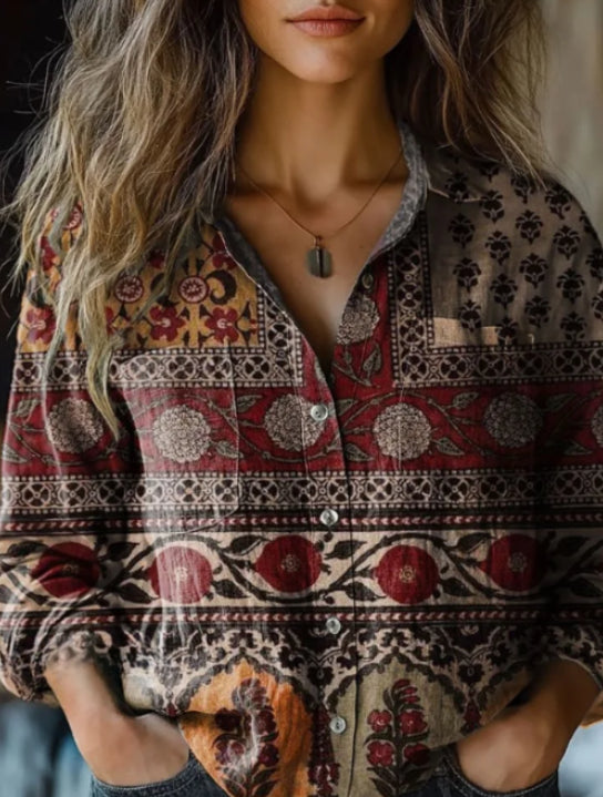 Women's Retro Pattern Print Casual Long Sleeve Cotton Shirt