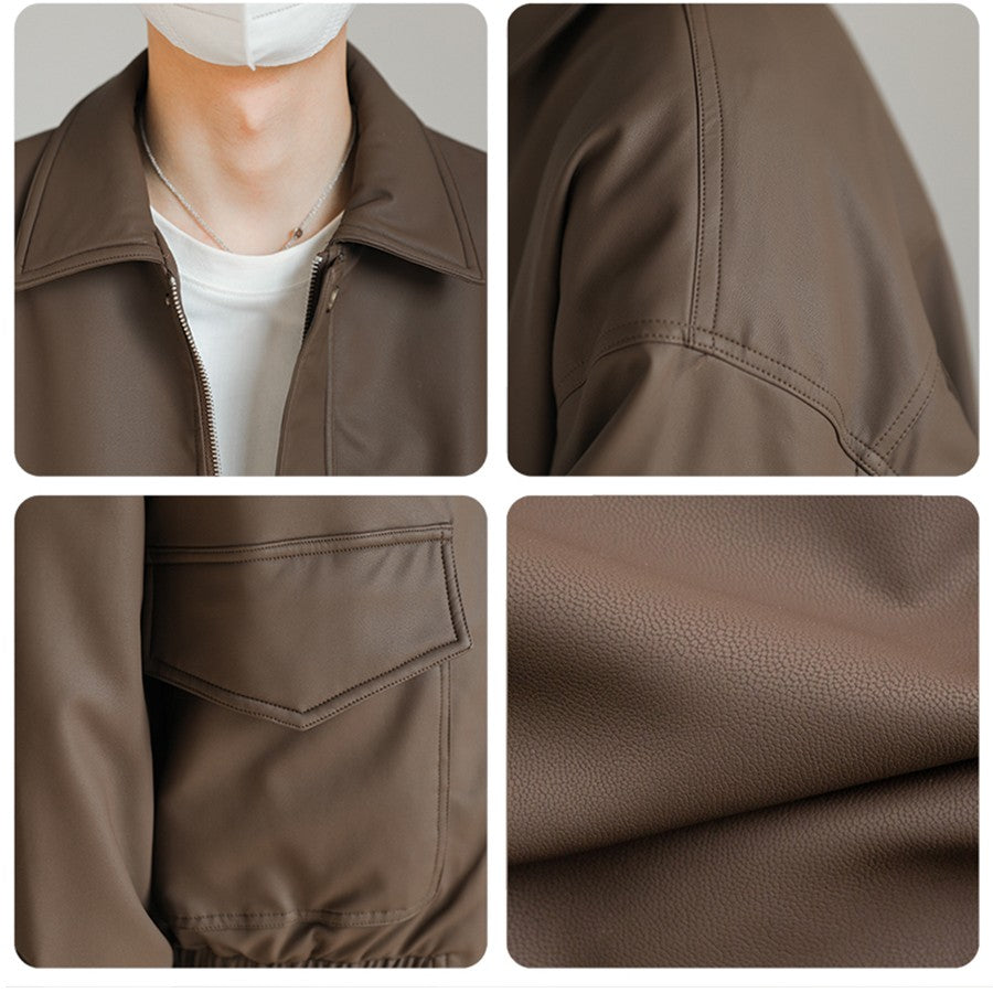 Korean Version Loose Lapel PU Leather Coat