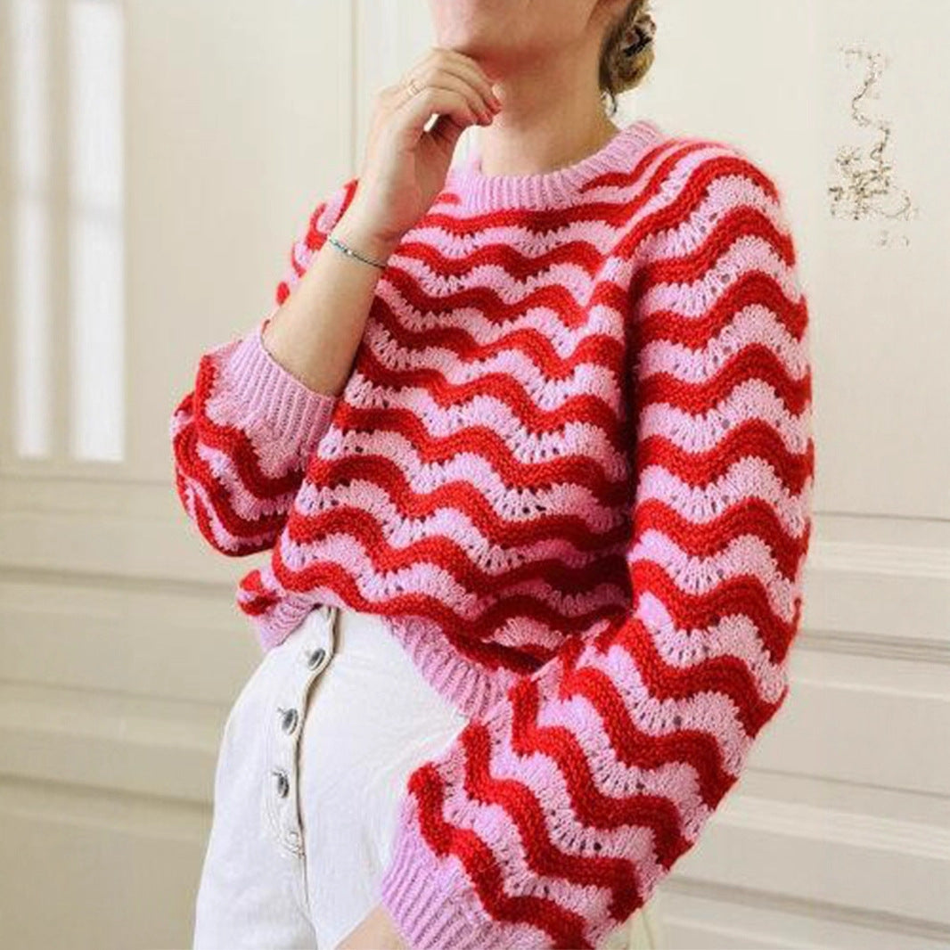Round Neck Wave Striped Fashion Casual Women's Sweater