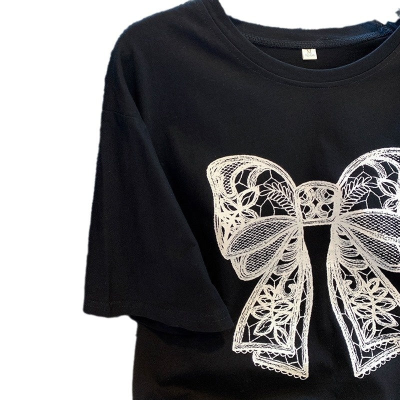 New Women's Fashion Bowknot Printed Short-sleeved T-shirt