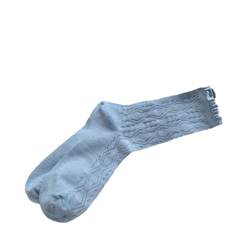 Thin Mesh Solid Color Hollow Wooden Ear Mid-calf Length Loose Socks Breathable Sweat Absorbing