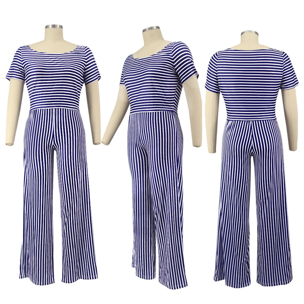 Womens Striped Printed Wide-Neck Short-Sleeve Fashionable Loose Casual Set