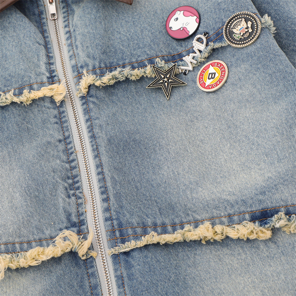 European And American Fashion Loose Contrast Color Lapels Washed And Worn Denim Jacket