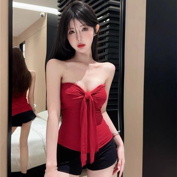 Womens Sleeveless Form-fitting Top With Tie Details For Outerwear
