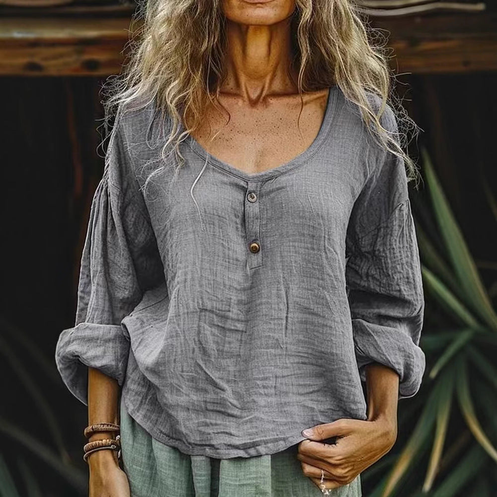Women's Casual Loose Fashion Long Sleeve Linen Solid Color Top