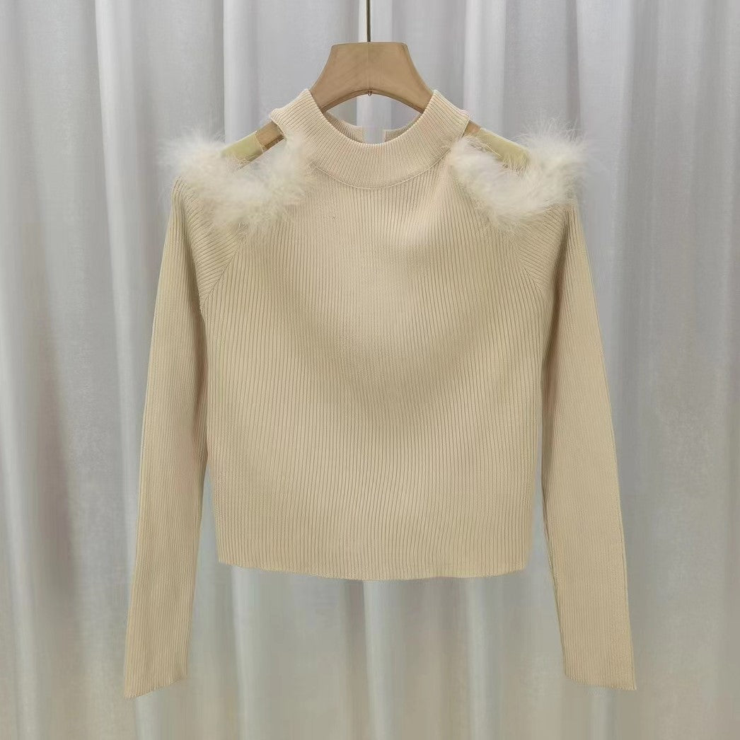 Women's Half-turtleneck Stitching Hollow Out Shoulder-baring Knitwear Top