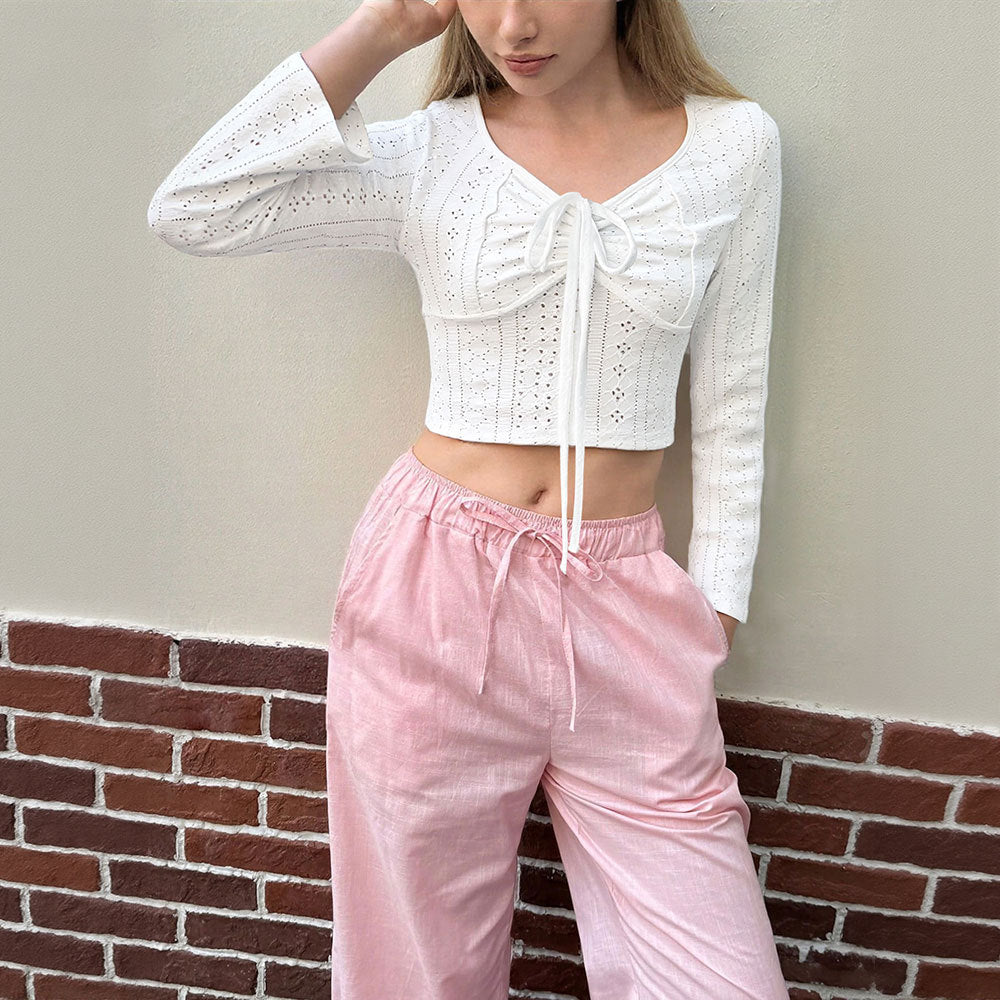 Long-sleeved Hollow-out Short Tie-breathable Top