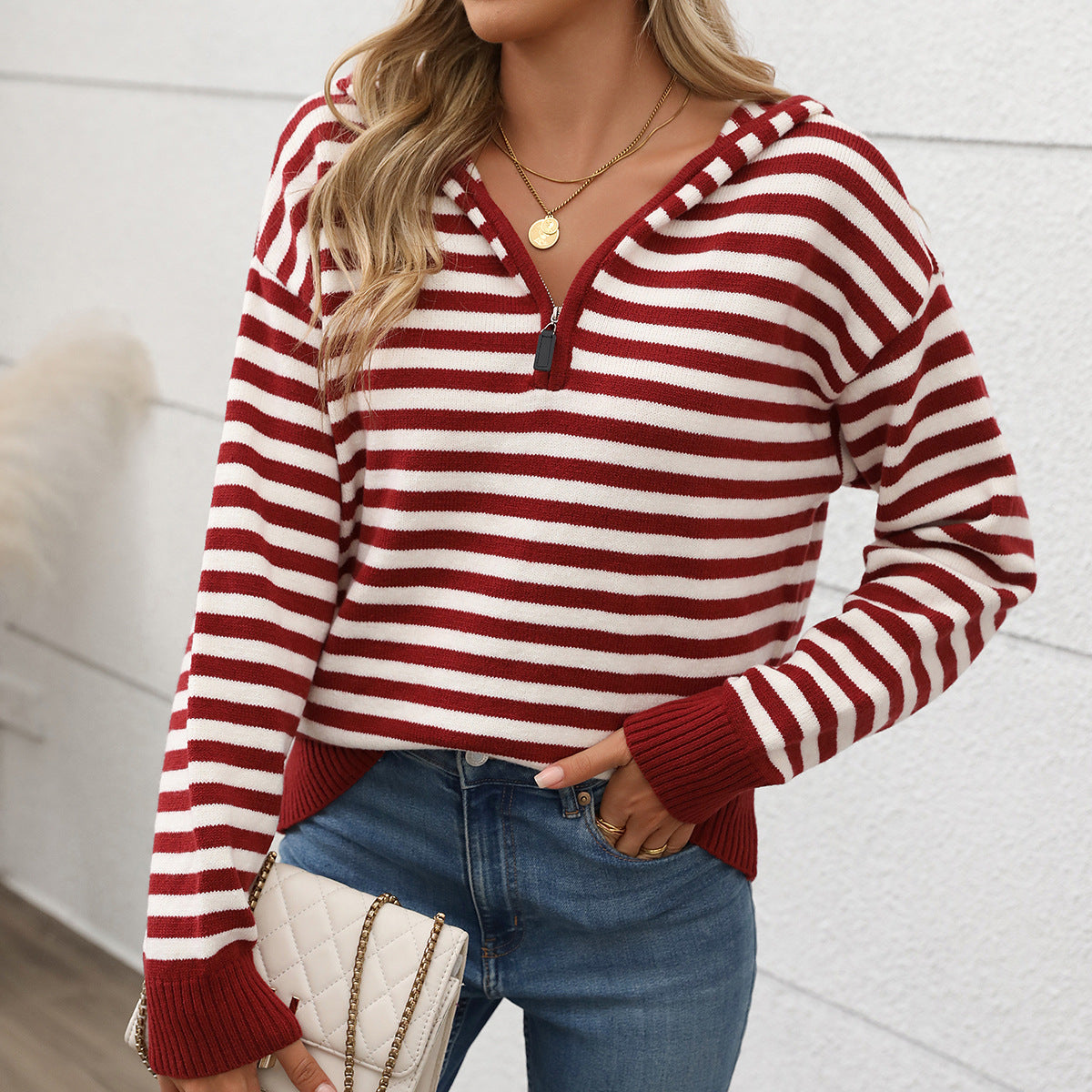 Women's V-neck Striped Pullover Sweater