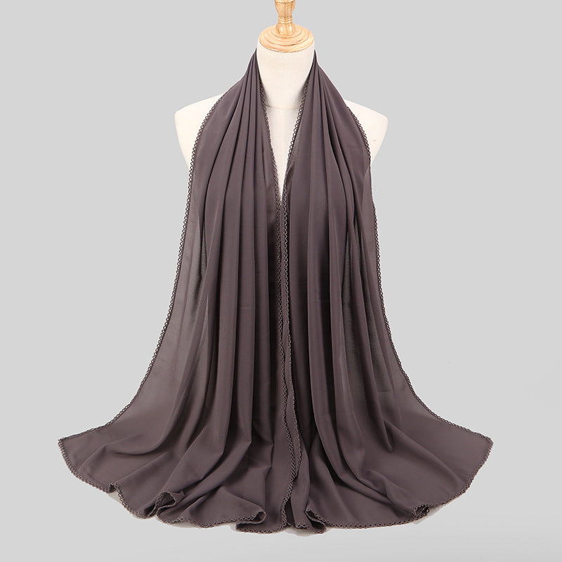 Elegant Women's Monochrome Lace Panel Pearl Chiffon Scarf
