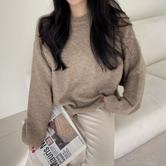 Korean Style Sweater Idle Style Casual Loose Solid Color Round Neck Sweater