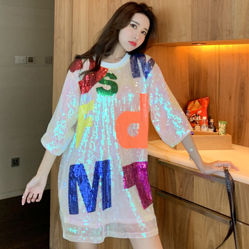 Letter Sequin Loose Short Sleeve T-Shirt Women's Sequin Top