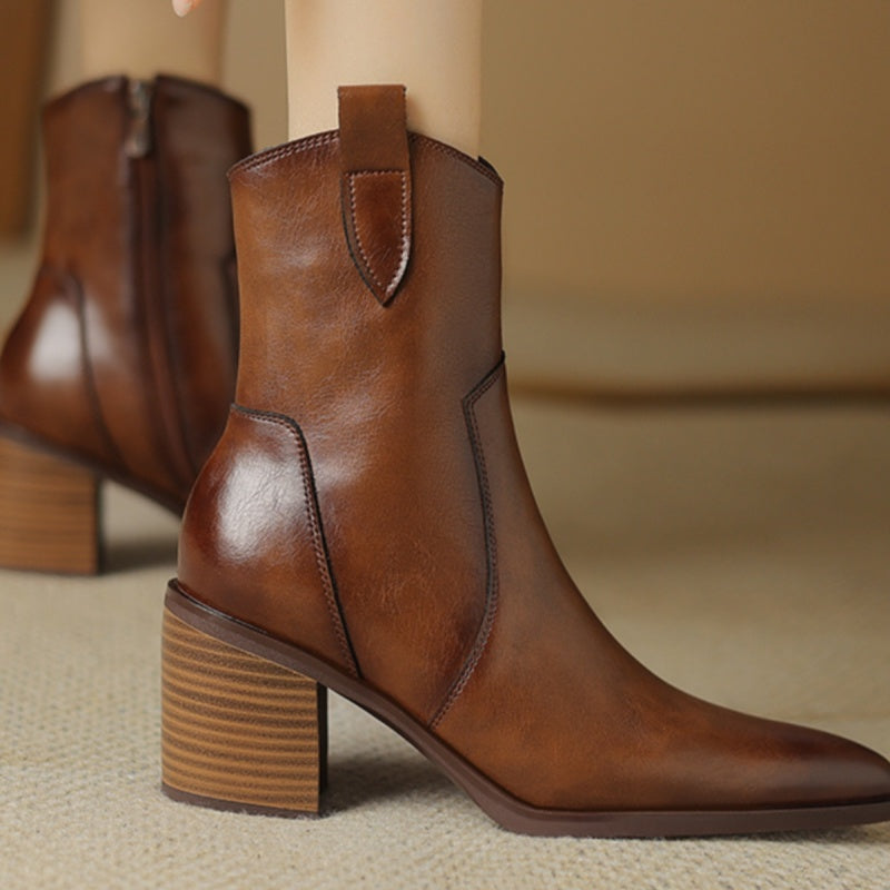 Women's Vintage Mid-Calf Western Cowboy Boots In Full Leather AutumnWinter Style