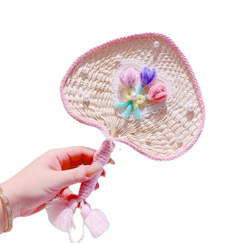 Sweet Flowers Lace Love Woven Handbag Pearl Handheld Fan