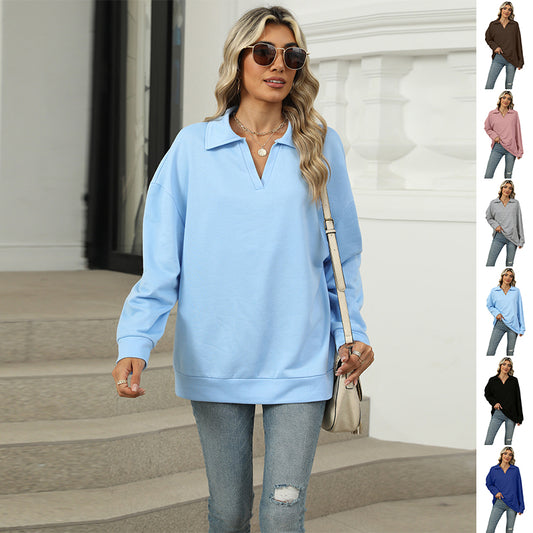 Ny Revers V-hals Sweatshirt Mode Afslappet Løs Ensfarvet Langærmet Pullover Top til Damebeklædning