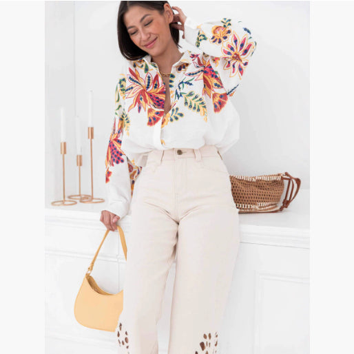 Loose Long Sleeve Printed Shirt Top