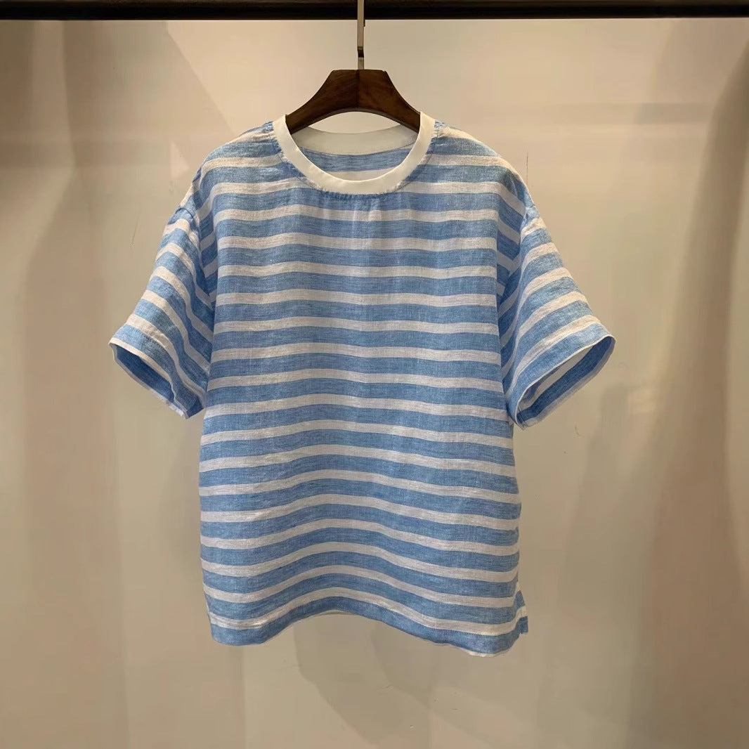 Artistic-style Blue-striped Loose-fitting Women's Top