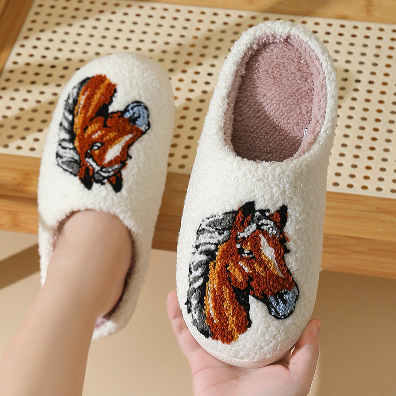 Comfortable Home Warm Cartoon Embroidery Horse Head Cotton Slippers