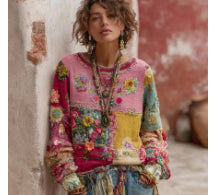 Womens Retro Patchwork Floral Padded Crew-Neck Sweatshirt