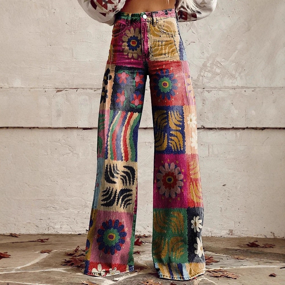Lightweight Faux Denim Pants With Wide Legs And 3D Print