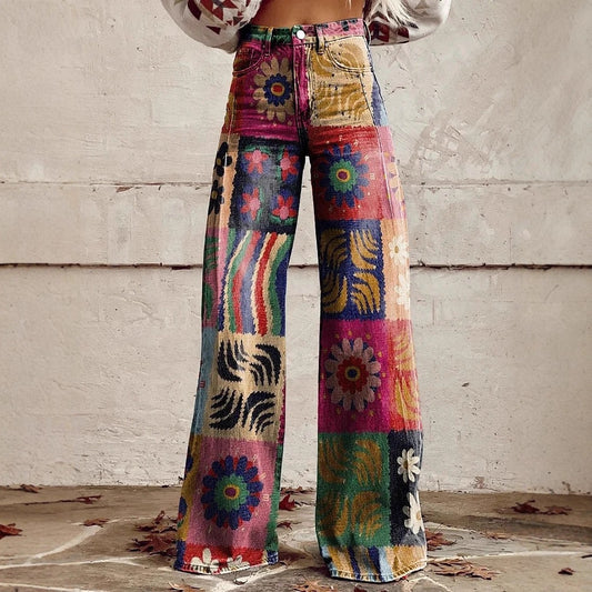 Lightweight Faux Denim Pants With Wide Legs And 3D Print