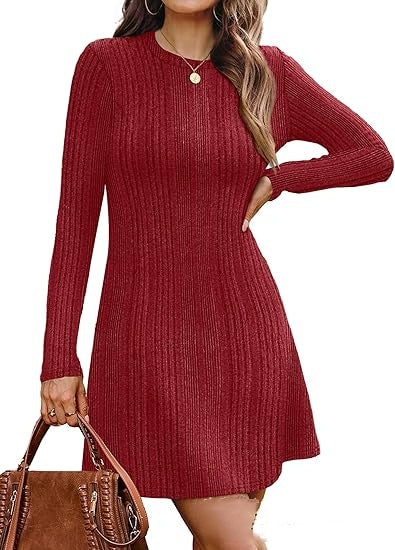 New AutumnWinter European And American Style Fitted Long-Sleeve Sweater Dress For Women
